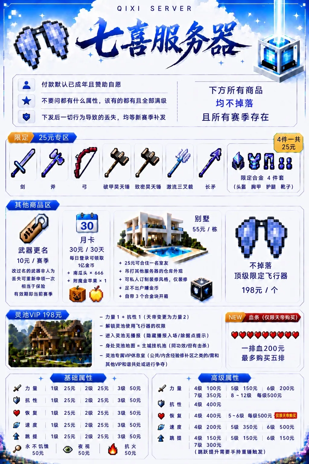 七喜服务器赞助价目表原始海报，包含限定专区、其他商品区、灵池 VIP、血条与基础/高级属性价格